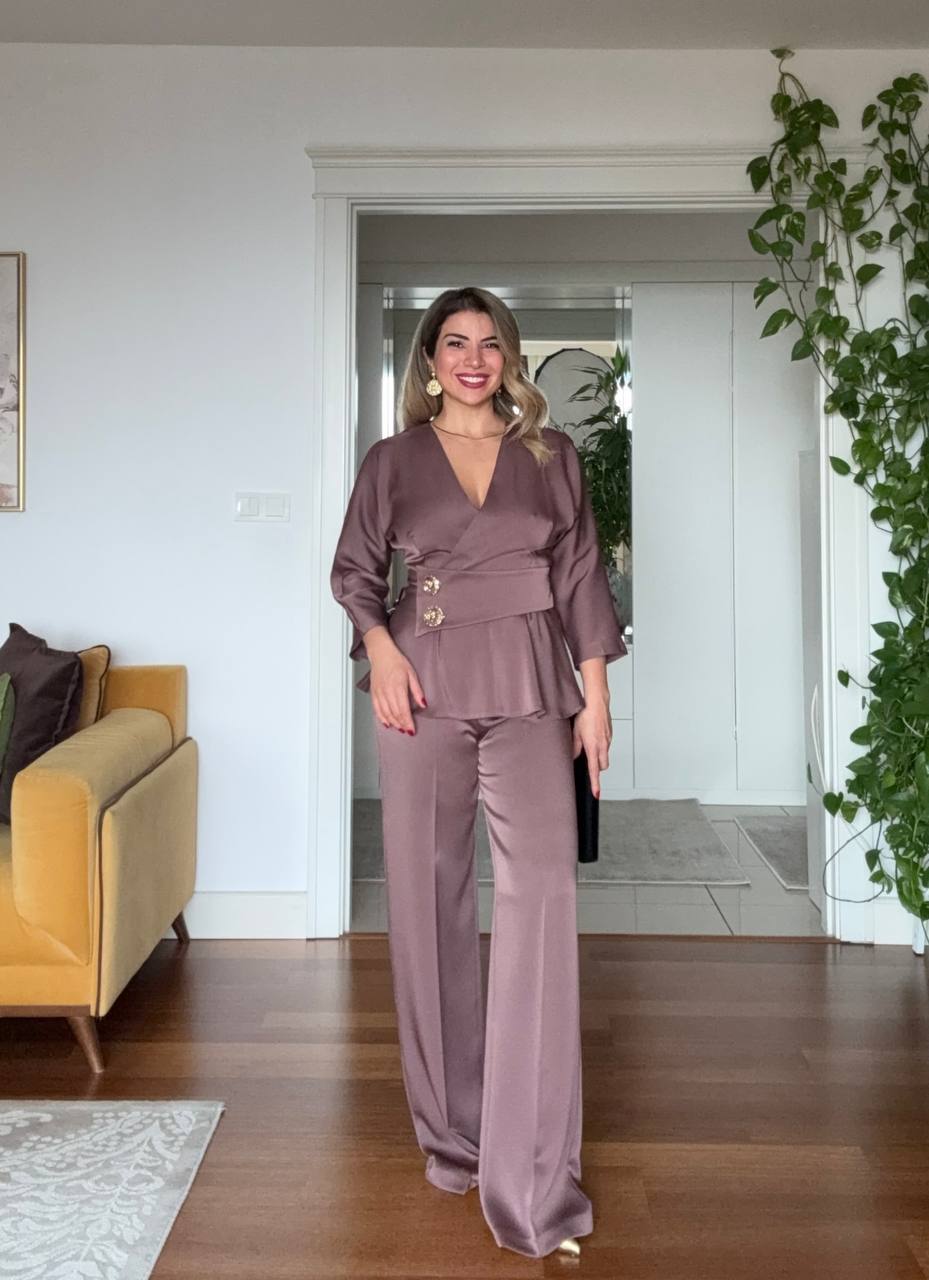 ELEGANT WRAP PEPLUM SUIT – MOCHA BROWN