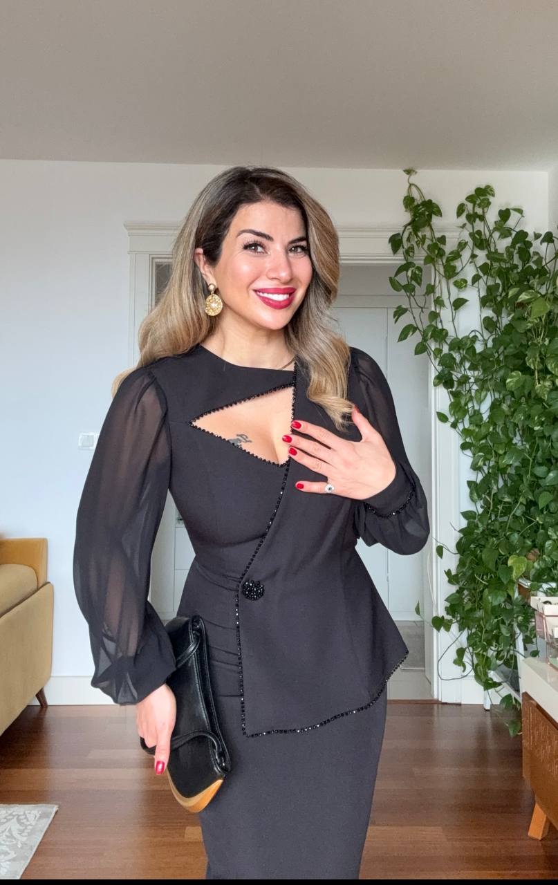 ASYMMETRICAL CUT CHIFFON SLEEVE DRESS - BLACK