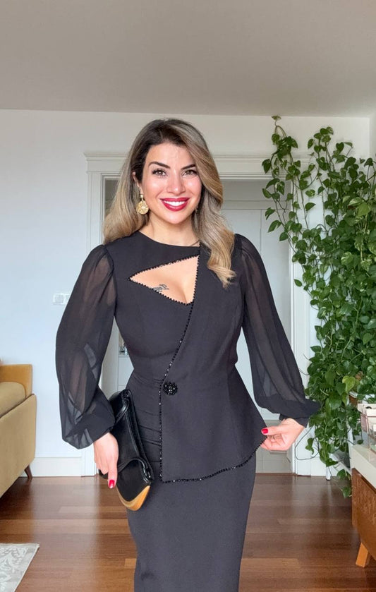 ASYMMETRICAL CUT CHIFFON SLEEVE DRESS - BLACK