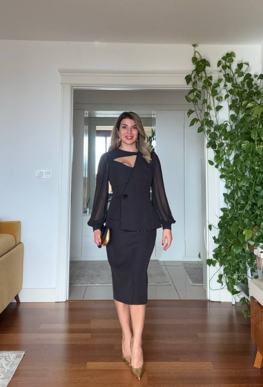 ASYMMETRICAL CUT CHIFFON SLEEVE DRESS - BLACK