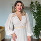 MID-LENGTH DRESS WITH EMBELLISHED WAIST & SHEER SLEEVES – BEIGE