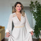 MID-LENGTH DRESS WITH EMBELLISHED WAIST & SHEER SLEEVES – BEIGE
