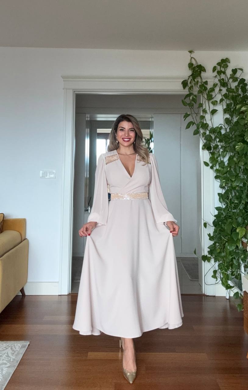 MID-LENGTH DRESS WITH EMBELLISHED WAIST & SHEER SLEEVES – BEIGE