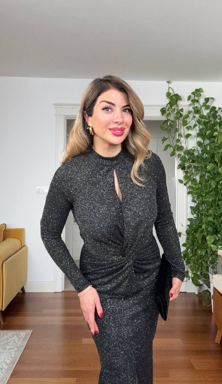 SHIMMERY DRAPED DETAIL DRESS WITH FRONT SLIT - BLACK