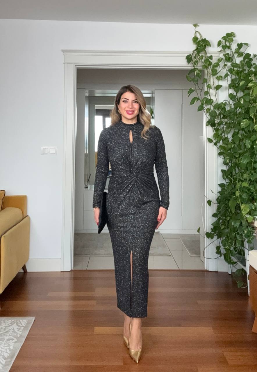 SHIMMERY DRAPED DETAIL DRESS WITH FRONT SLIT - BLACK