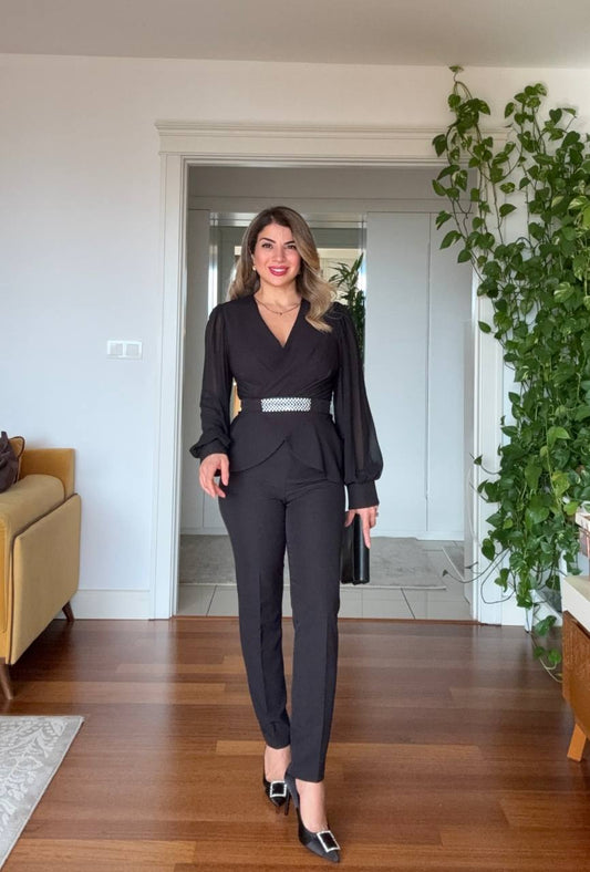 STONE BELT DETAILED SUIT - BLACK