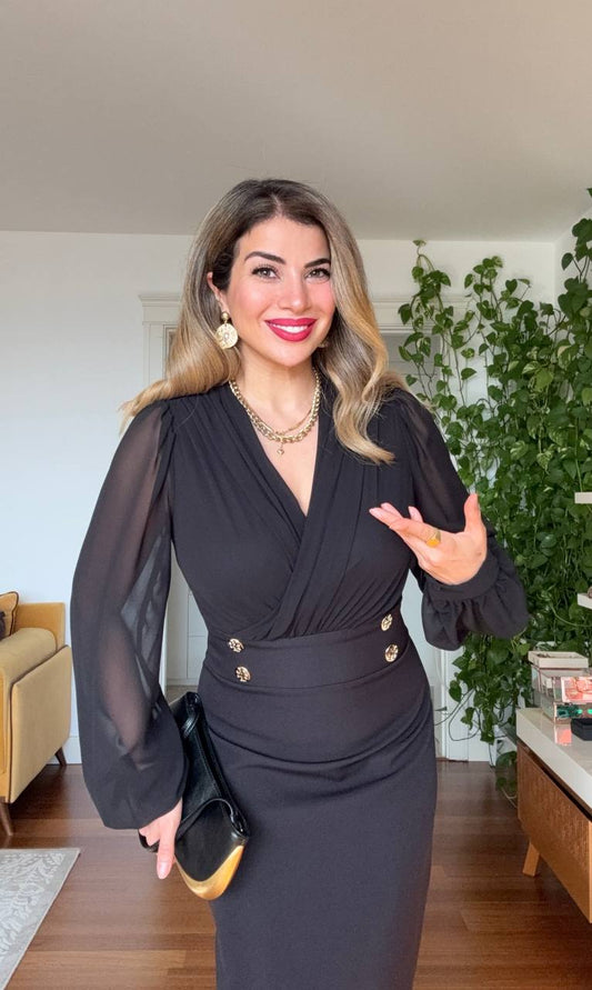 CHIFFON-SLEEVE GOLD BUTTON MIDI DRESS - BLACK