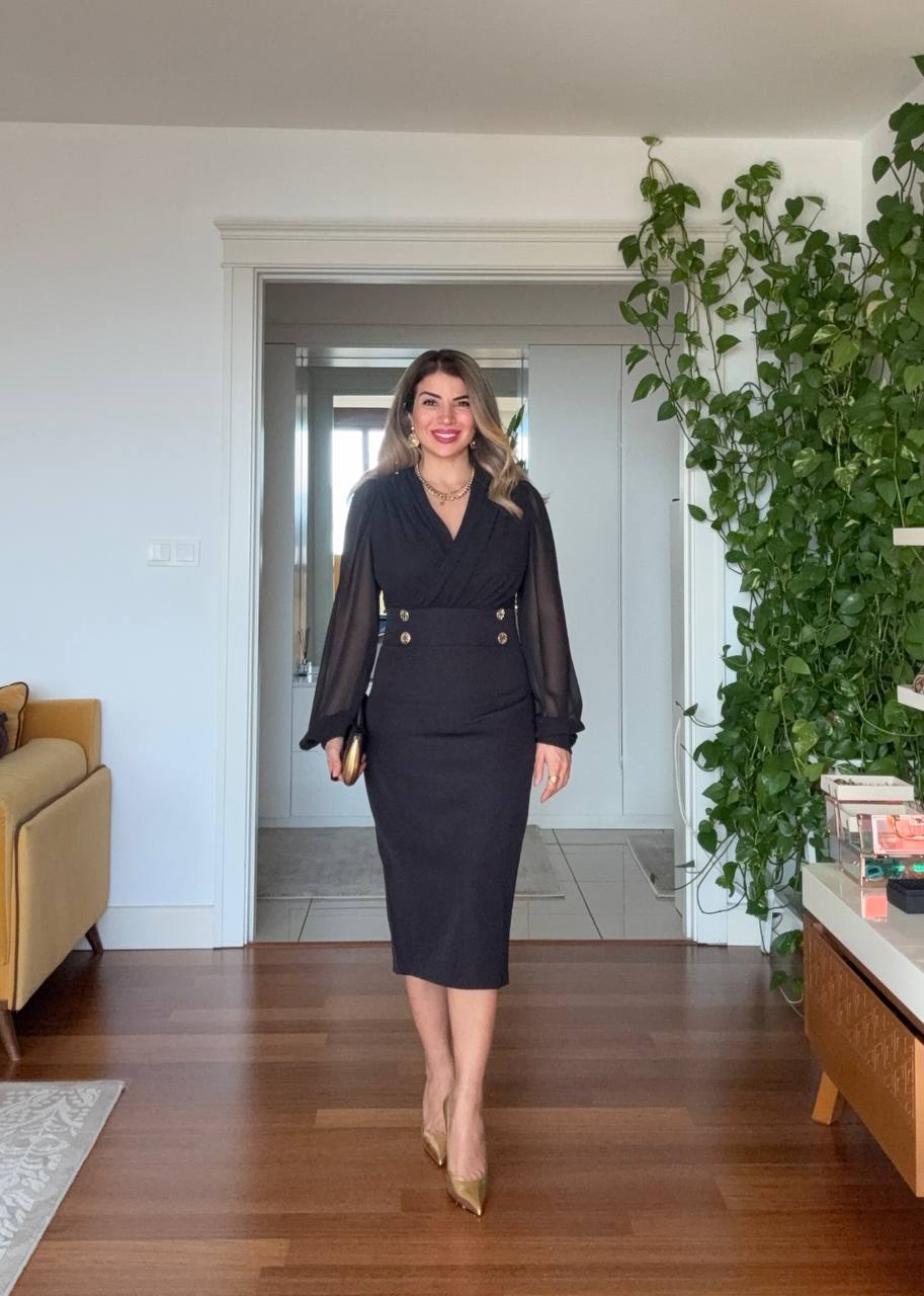 CHIFFON-SLEEVE GOLD BUTTON MIDI DRESS - BLACK