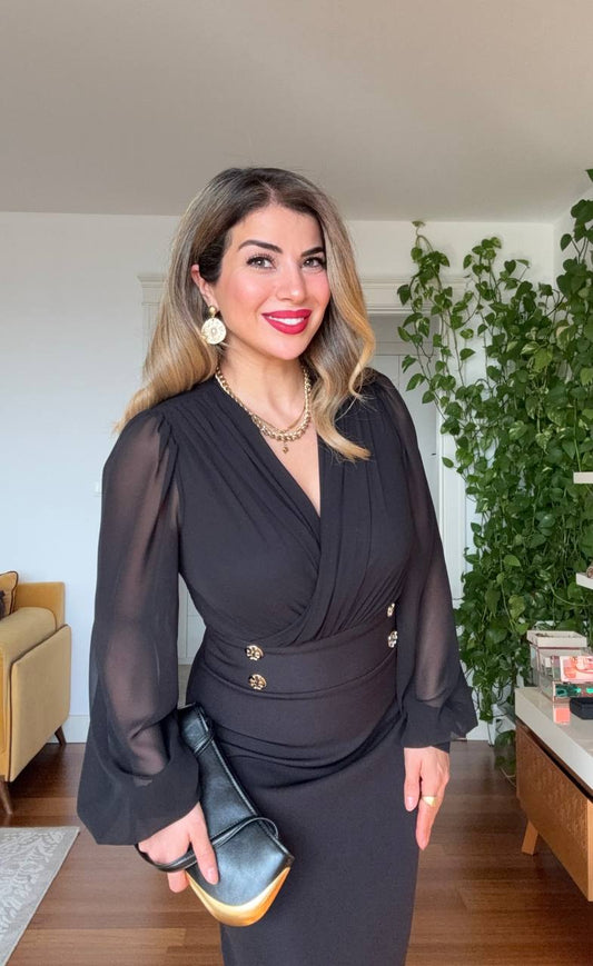 CHIFFON-SLEEVE GOLD BUTTON MIDI DRESS - BLACK