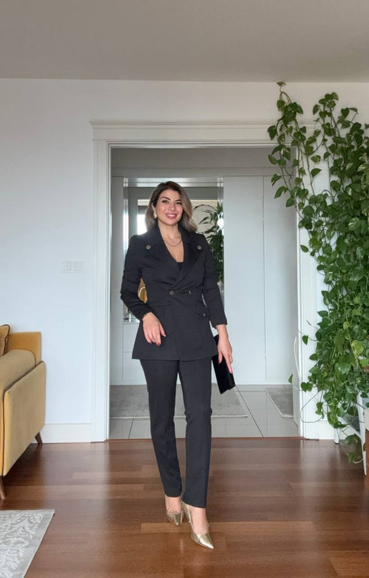 BLACK GOLD-BUTTON DOUBLE-BREASTED BLAZER SUIT – BLACK