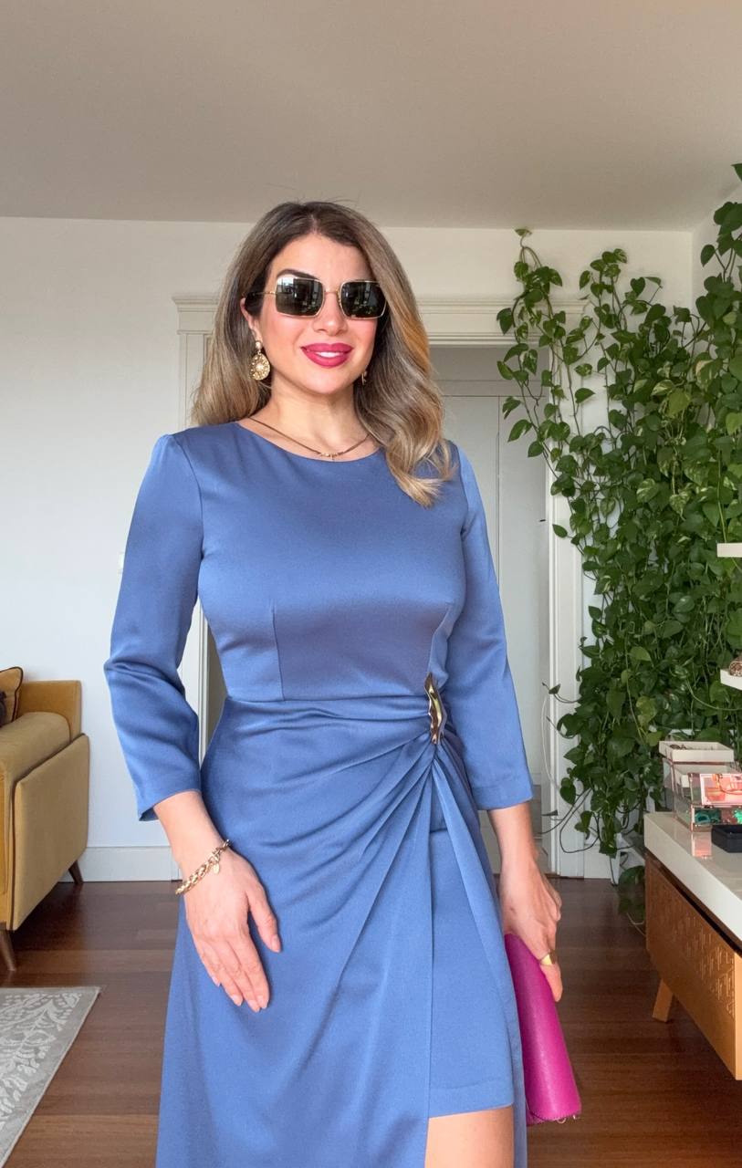 DRAPED WAIST DETAIL SATIN MAXI DRESS – BLUE