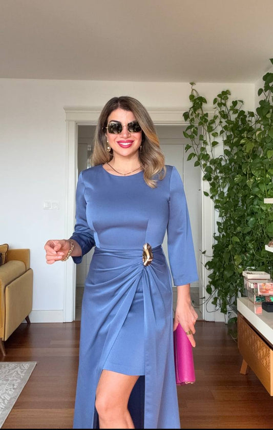 DRAPED WAIST DETAIL SATIN MAXI DRESS – BLUE