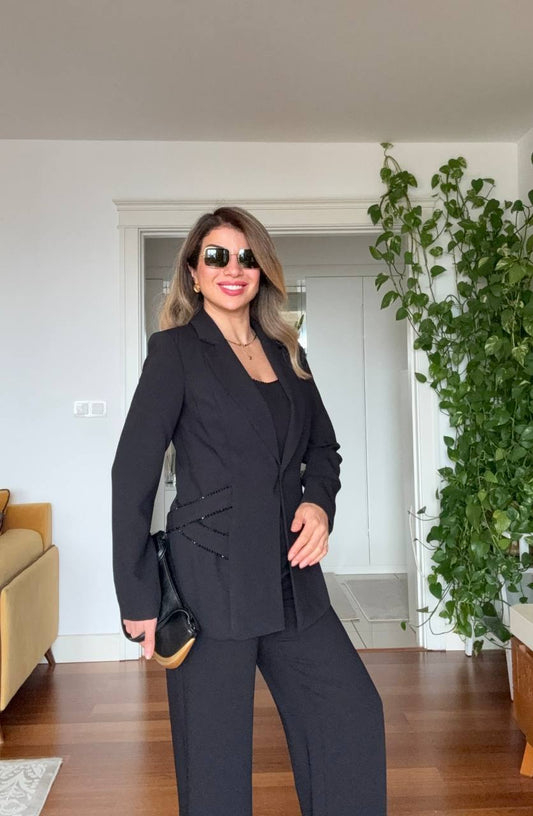 ELEGANT BLACK SUIT WITH BEADED SIDE DETAIL – BLACK