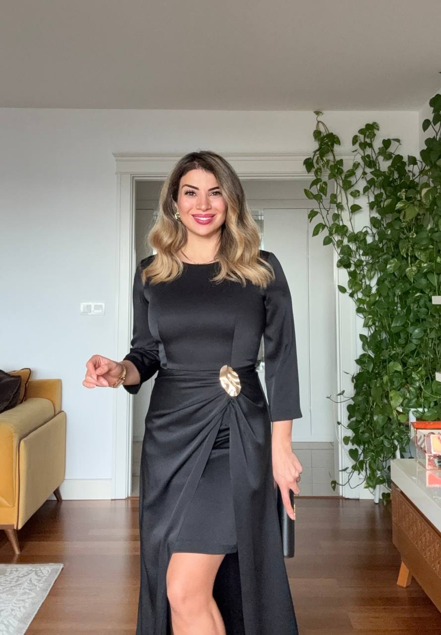 DRAPED WAIST DETAIL SATIN MAXI DRESS – BLACK