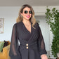 CHIFFON-SLEEVE GOLD BUTTON ELEGANT SUIT – BLACK