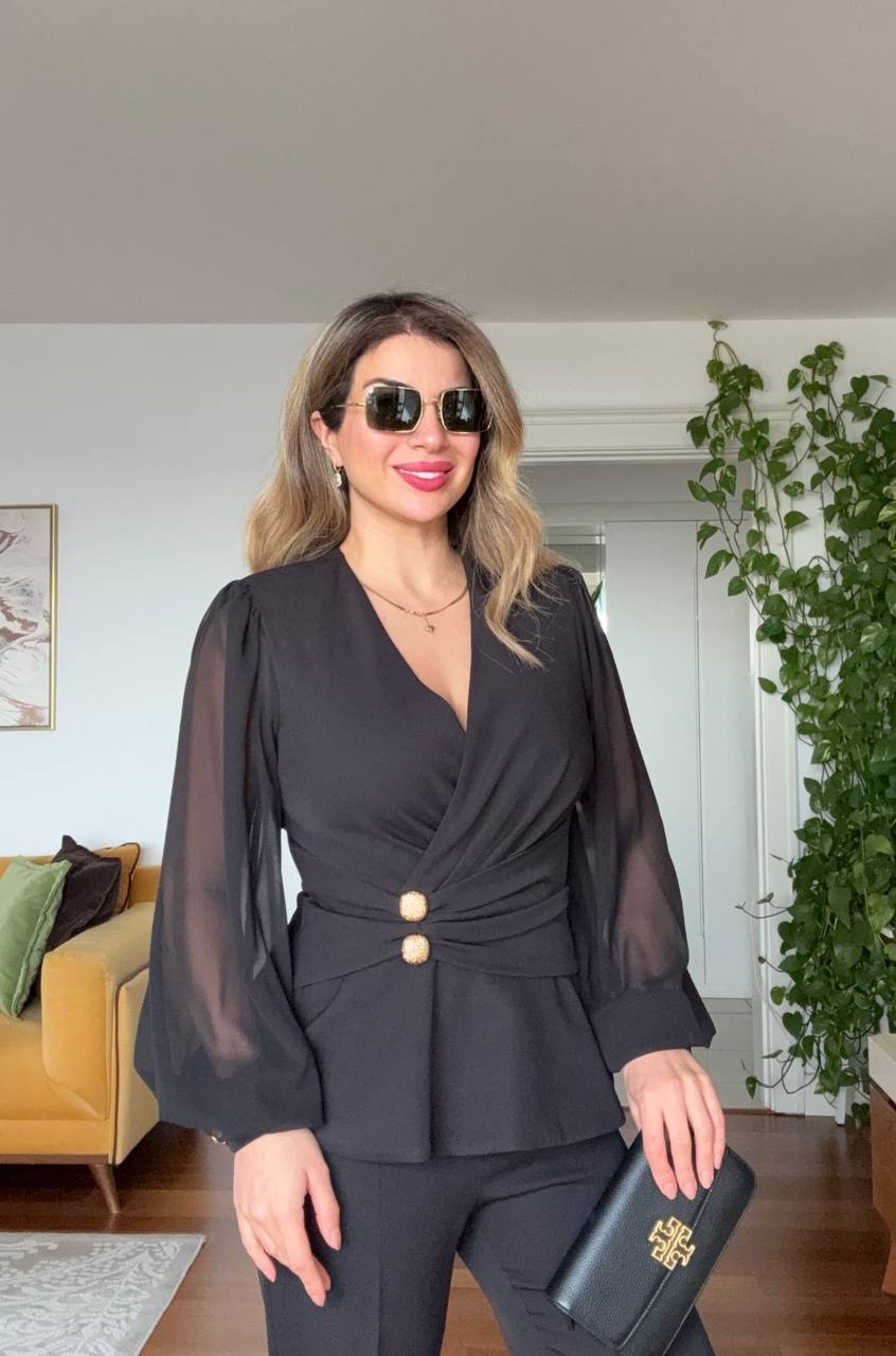 CHIFFON-SLEEVE GOLD BUTTON ELEGANT SUIT – BLACK