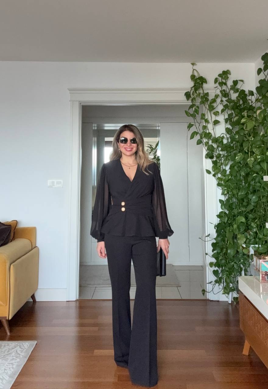 CHIFFON-SLEEVE GOLD BUTTON ELEGANT SUIT – BLACK