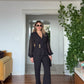 CHIFFON-SLEEVE GOLD BUTTON ELEGANT SUIT – BLACK