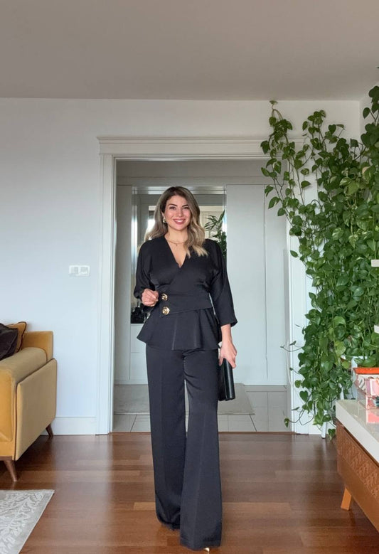 ELEGANT WRAP PEPLUM SUIT – BLACK