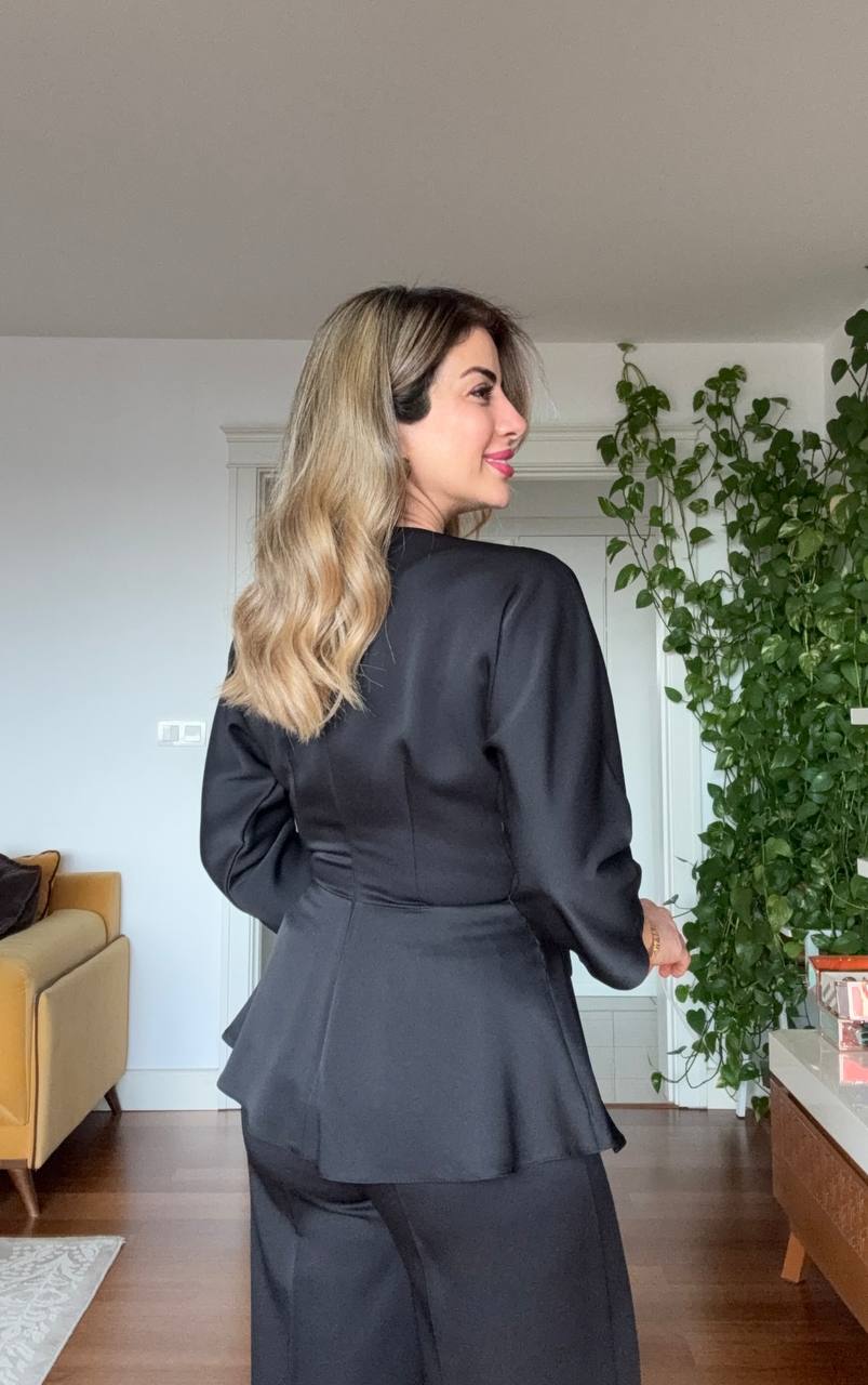 ELEGANT WRAP PEPLUM SUIT – BLACK