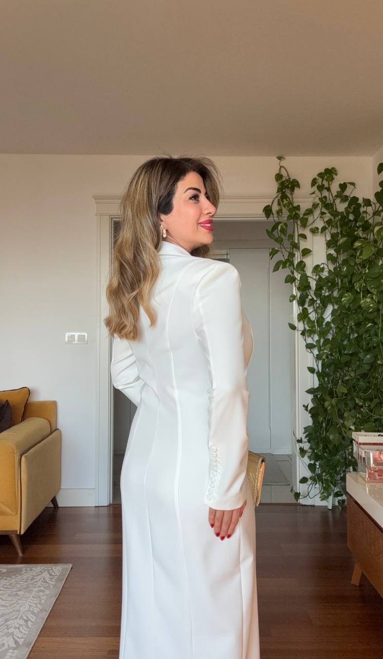 MIDI DRESS WITH SHAWL DETAIL AND BUTTON CLOSURE – WHITE