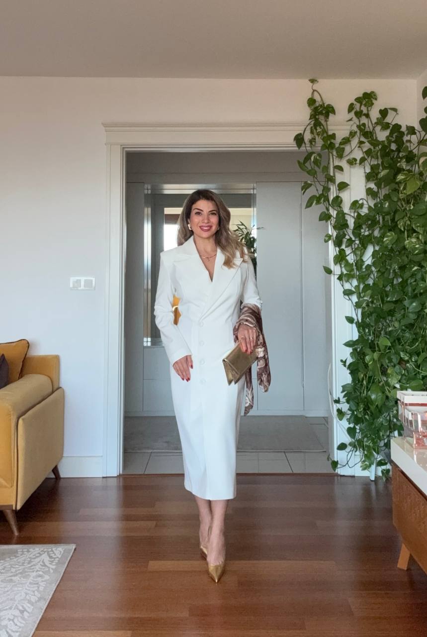 MIDI DRESS WITH SHAWL DETAIL AND BUTTON CLOSURE – WHITE