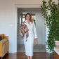 MIDI DRESS WITH SHAWL DETAIL AND BUTTON CLOSURE – WHITE