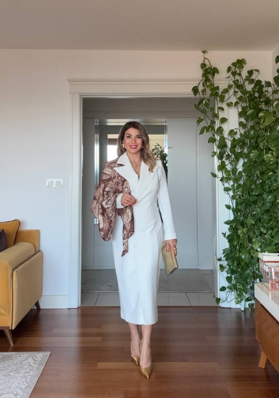 MIDI DRESS WITH SHAWL DETAIL AND BUTTON CLOSURE – WHITE