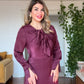 SATIN MIDI DRESS WITH BOW NECK DETAIL – BURGUNDY