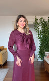 SATIN MIDI DRESS WITH BOW NECK DETAIL – BURGUNDY