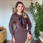 SATIN MIDI DRESS WITH BOW NECK DETAIL – BROWN