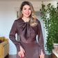 SATIN MIDI DRESS WITH BOW NECK DETAIL – BROWN