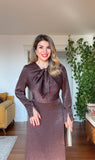 SATIN MIDI DRESS WITH BOW NECK DETAIL – BROWN