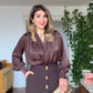 SATIN-TEXTURED CROSSOVER NECK LONG-SLEEVE ELEGANT BLOUSE – BROWN