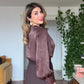 SATIN-TEXTURED CROSSOVER NECK LONG-SLEEVE ELEGANT BLOUSE – BROWN