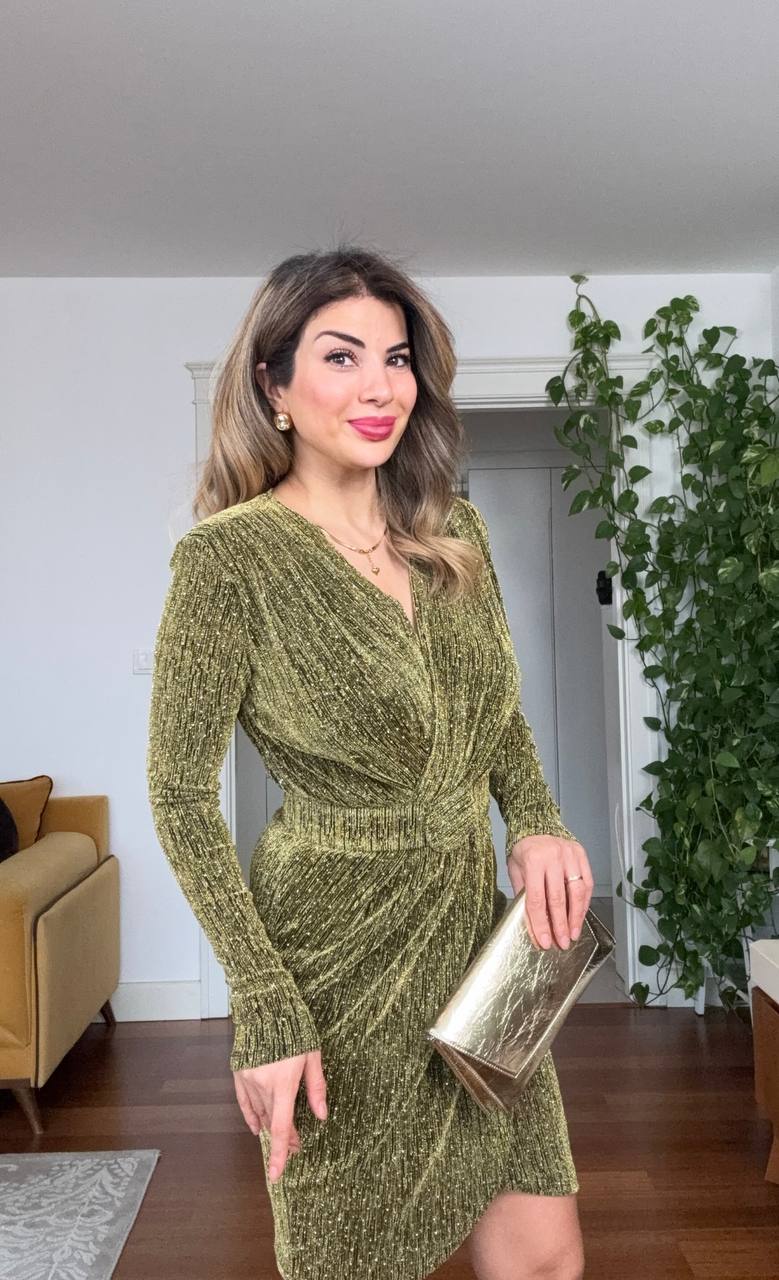 SHIMMERY WRAP NECK DRAPED MINI DRESS – GOLD GREEN