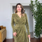 SHIMMERY WRAP NECK DRAPED MINI DRESS – GOLD GREEN