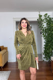 SHIMMERY WRAP NECK DRAPED MINI DRESS – GOLD GREEN