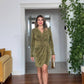 SHIMMERY WRAP NECK DRAPED MINI DRESS – GOLD GREEN
