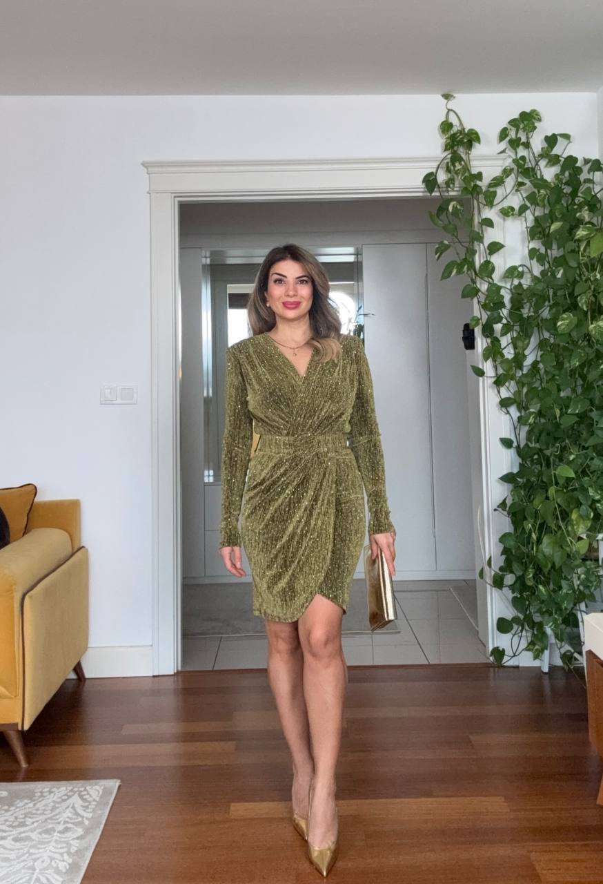 SHIMMERY WRAP NECK DRAPED MINI DRESS – GOLD GREEN