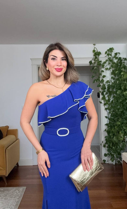 ONE-SHOULDER RUFFLED BEADED TRIM SLIT MAXI EVENING DRESS – ROYAL BLUE
