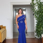 ONE-SHOULDER RUFFLED BEADED TRIM SLIT MAXI EVENING DRESS – ROYAL BLUE