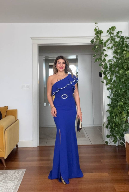 ONE-SHOULDER RUFFLED BEADED TRIM SLIT MAXI EVENING DRESS – ROYAL BLUE