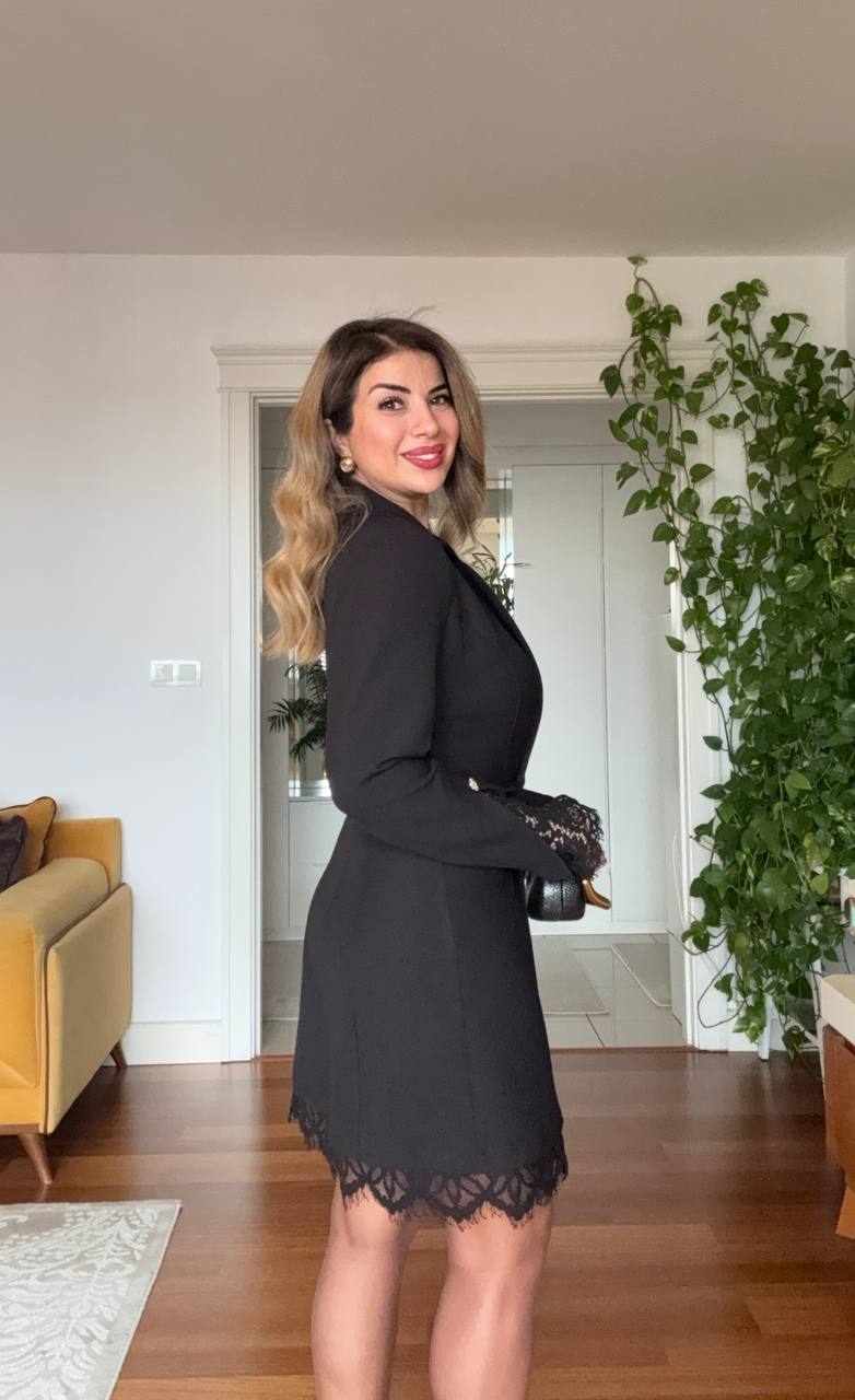 LACE TRIMMED WRAP COLLAR BLAZER DRESS – BLACK