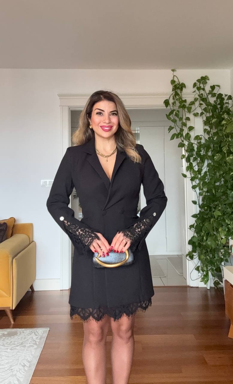 LACE TRIMMED WRAP COLLAR BLAZER DRESS – BLACK