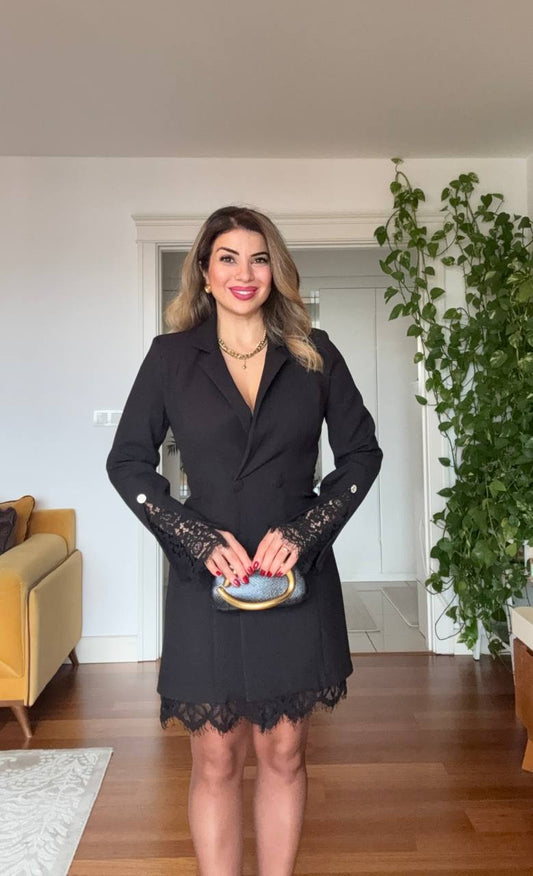 LACE TRIMMED WRAP COLLAR BLAZER DRESS – BLACK