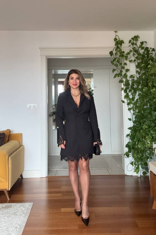 LACE TRIMMED WRAP COLLAR BLAZER DRESS – BLACK