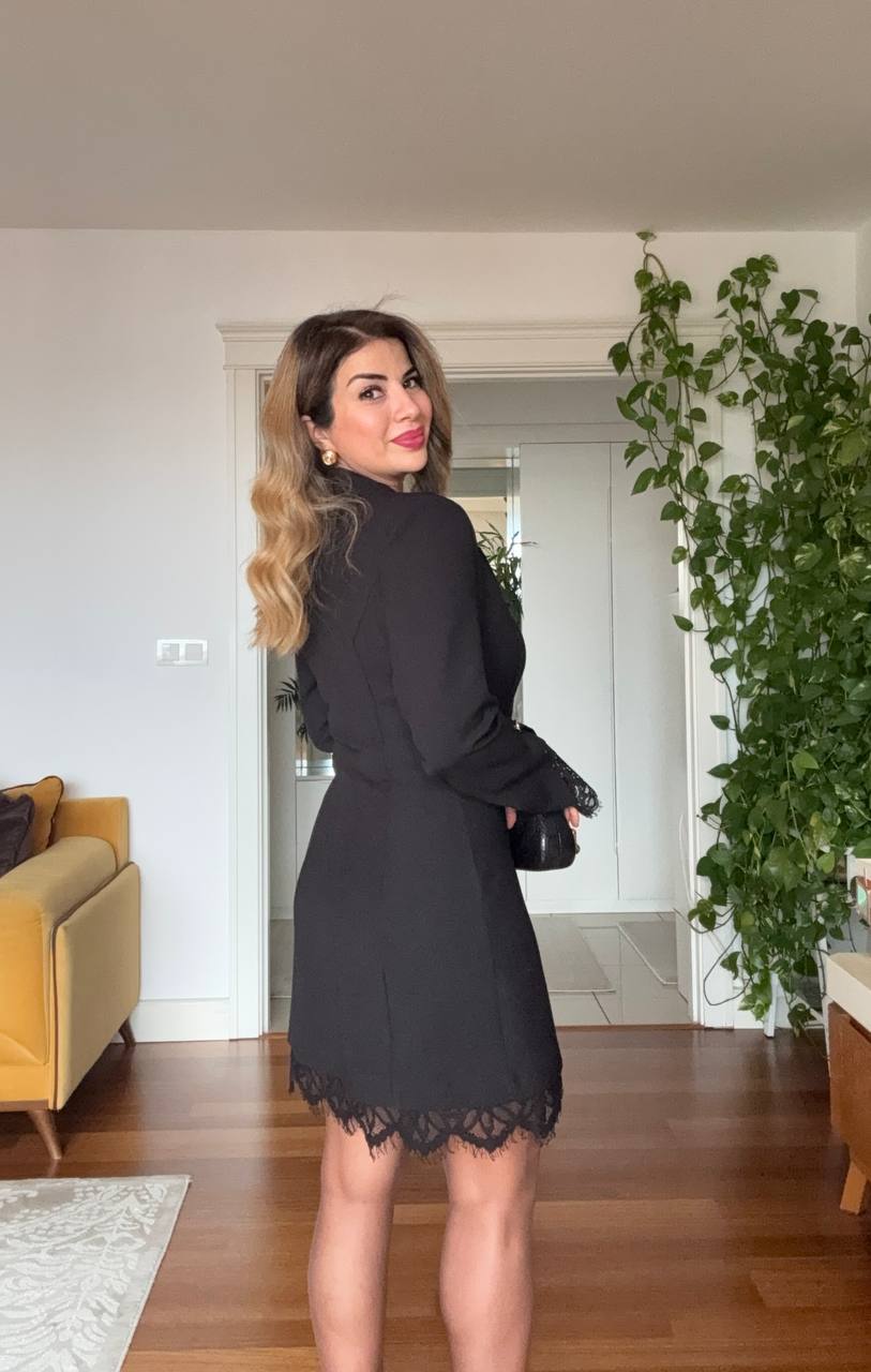 LACE TRIMMED WRAP COLLAR BLAZER DRESS – BLACK