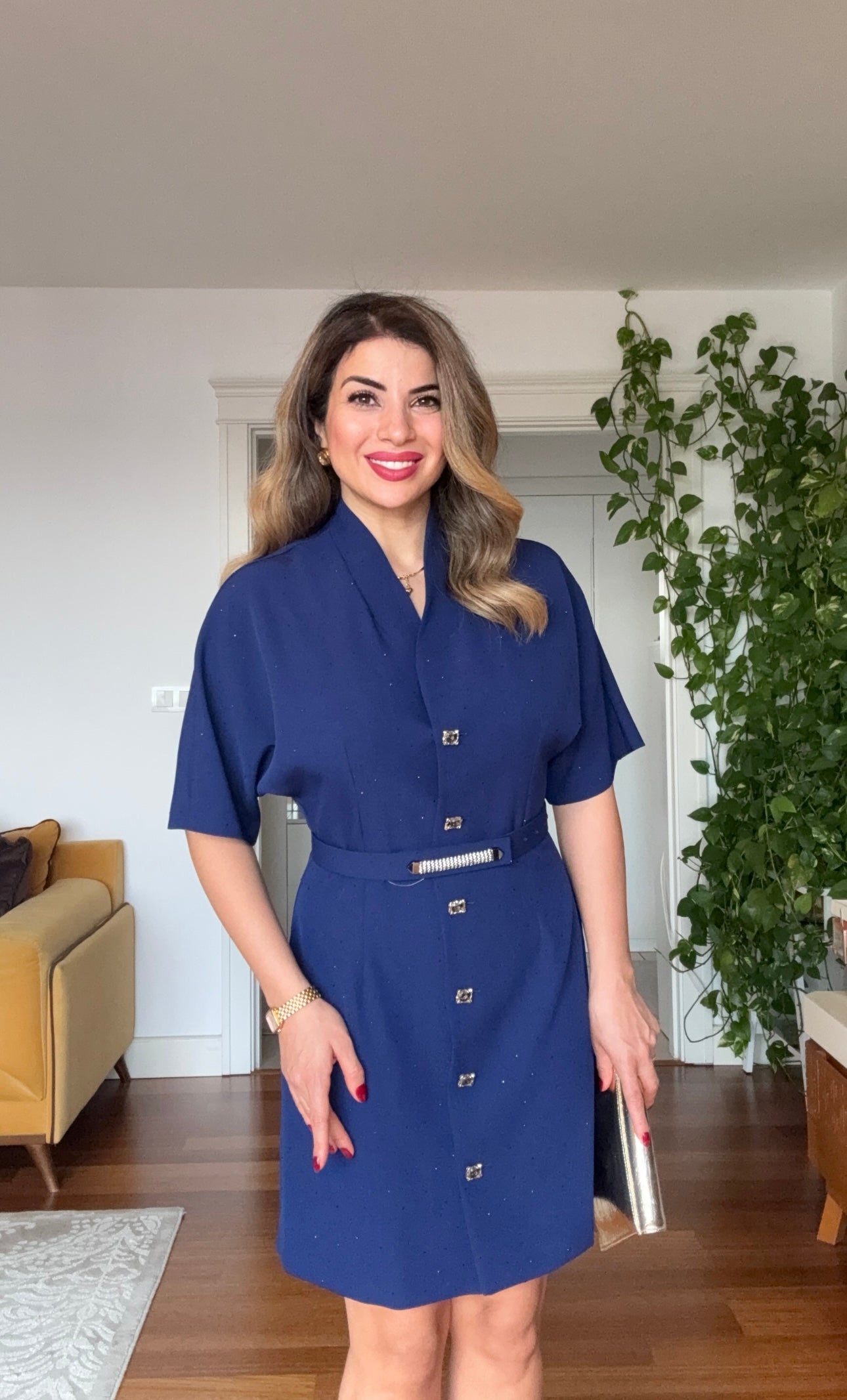 JEWEL BUTTON & BELT DETAIL WRAP COLLAR MINI DRESS – NAVY BLUE