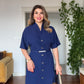JEWEL BUTTON & BELT DETAIL WRAP COLLAR MINI DRESS – NAVY BLUE